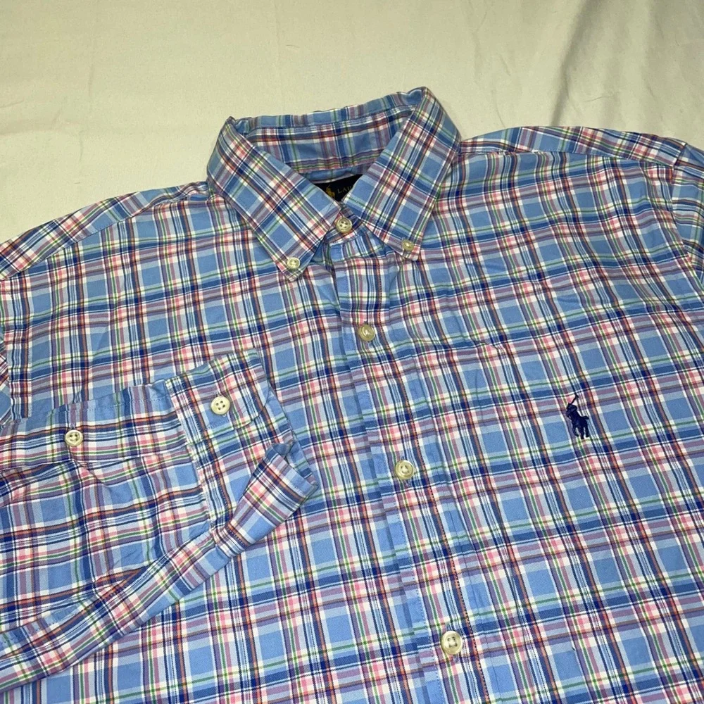 Ralph Lauren Mens Plaid Button Down Shirt Blue Pink Cotton Long Sleeve Large